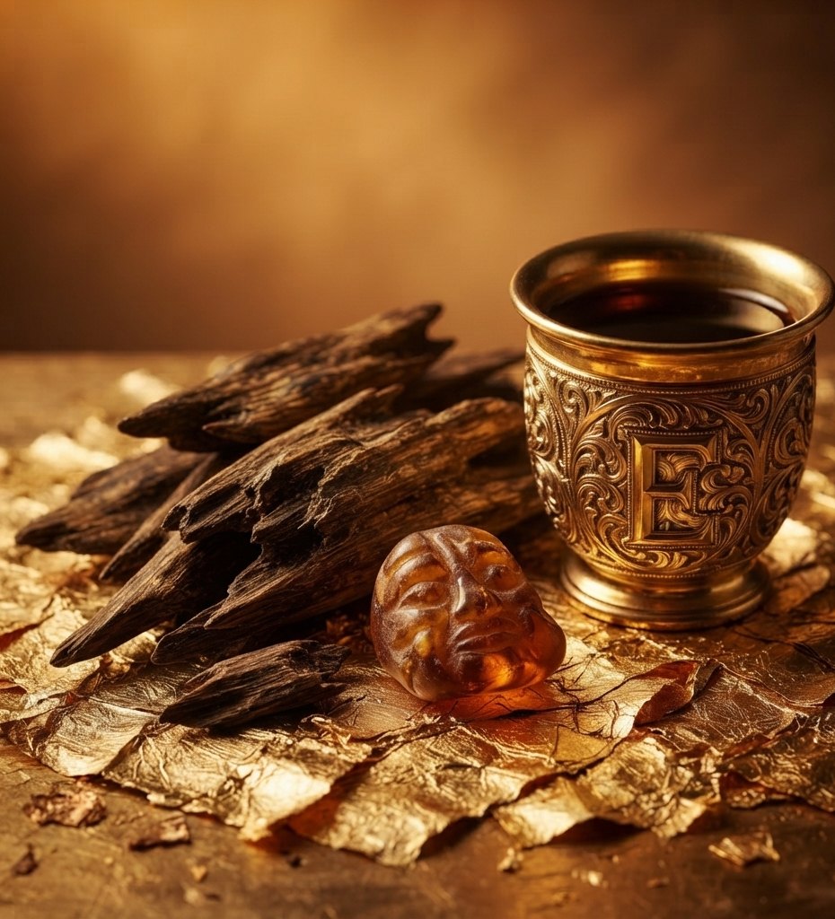 Bois de oud, ambre et coupe dorée gravée