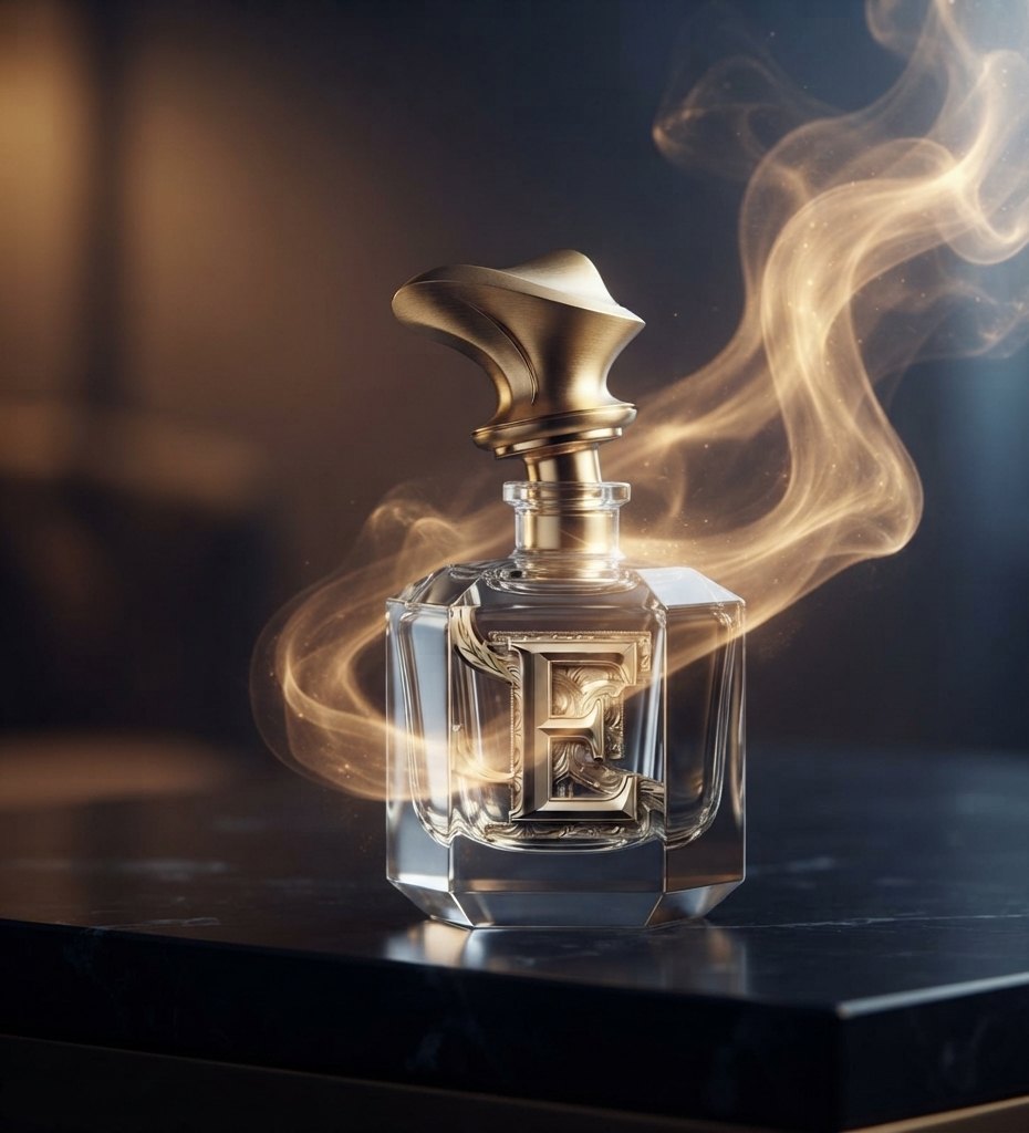 Flacon de parfum en cristal entouré d’un sillage doré